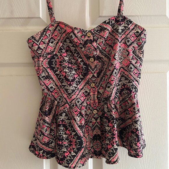 B Jewel Flirty Pink and Black Multiprint Spaghetti Strap Top in XS - Picture 1 of 5